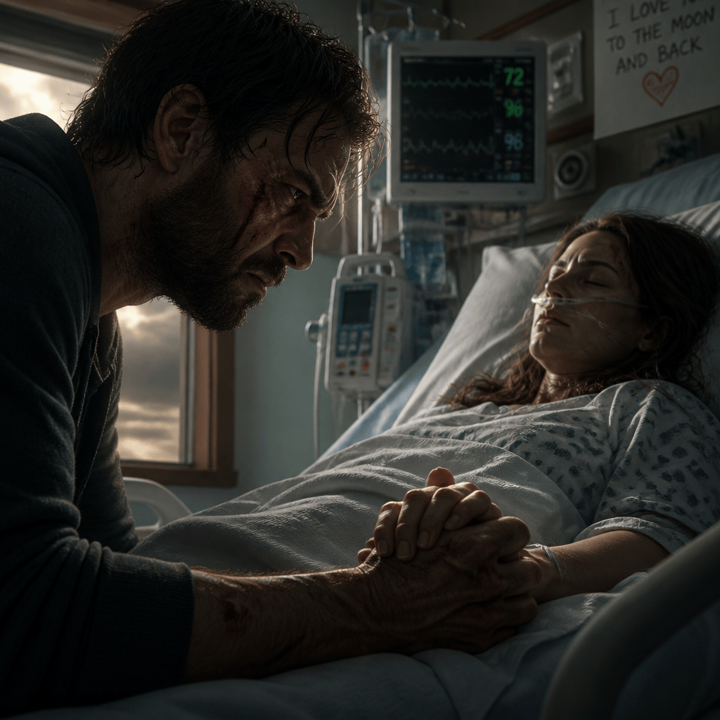 Injured woman in hospital bed holds a man’s hand; monitor reads 72, 95, 96; sign says “I LOVE YOU TO THE MOON AND BACK.”